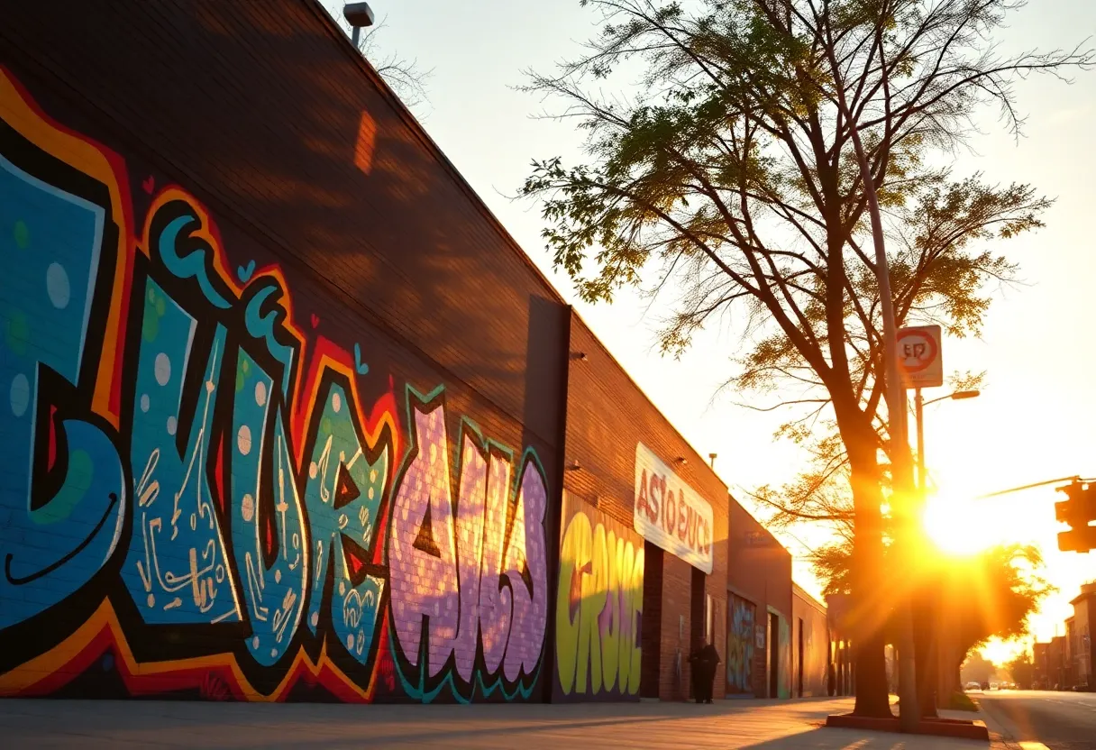 Colorful street art in Atlanta illuminated by the morning sun.