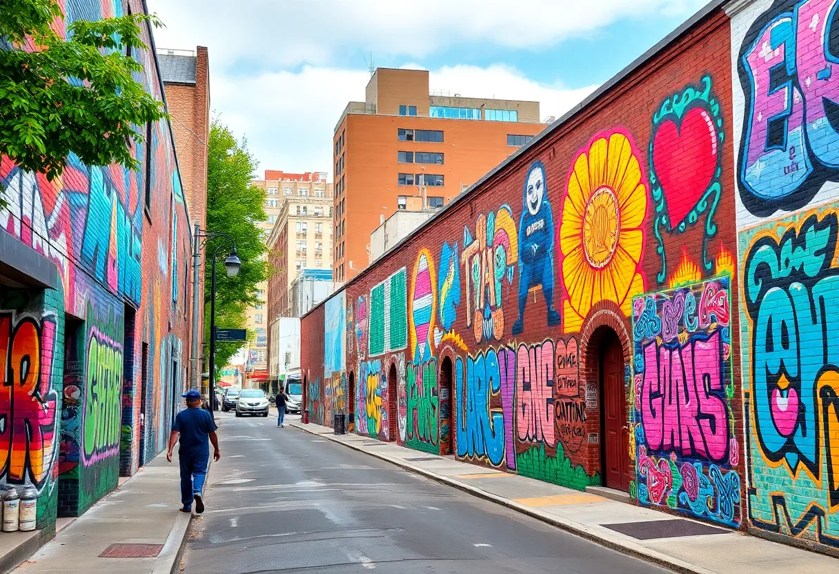 Colorful street art in Atlanta showcasing various murals and styles.