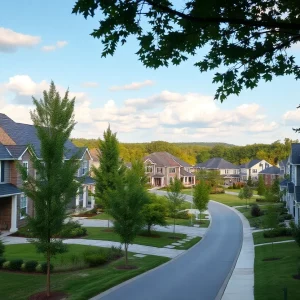 View of a suburban neighborhood in Atlanta with diverse homes and landscaping.