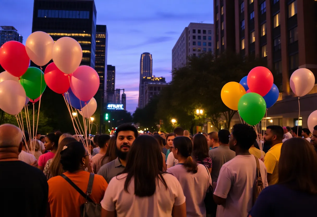 Community members gathering in Atlanta to honor crime victims with balloons.