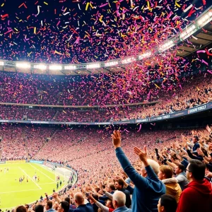 Crowd celebrating at Atlanta United match, with confetti and excitement.
