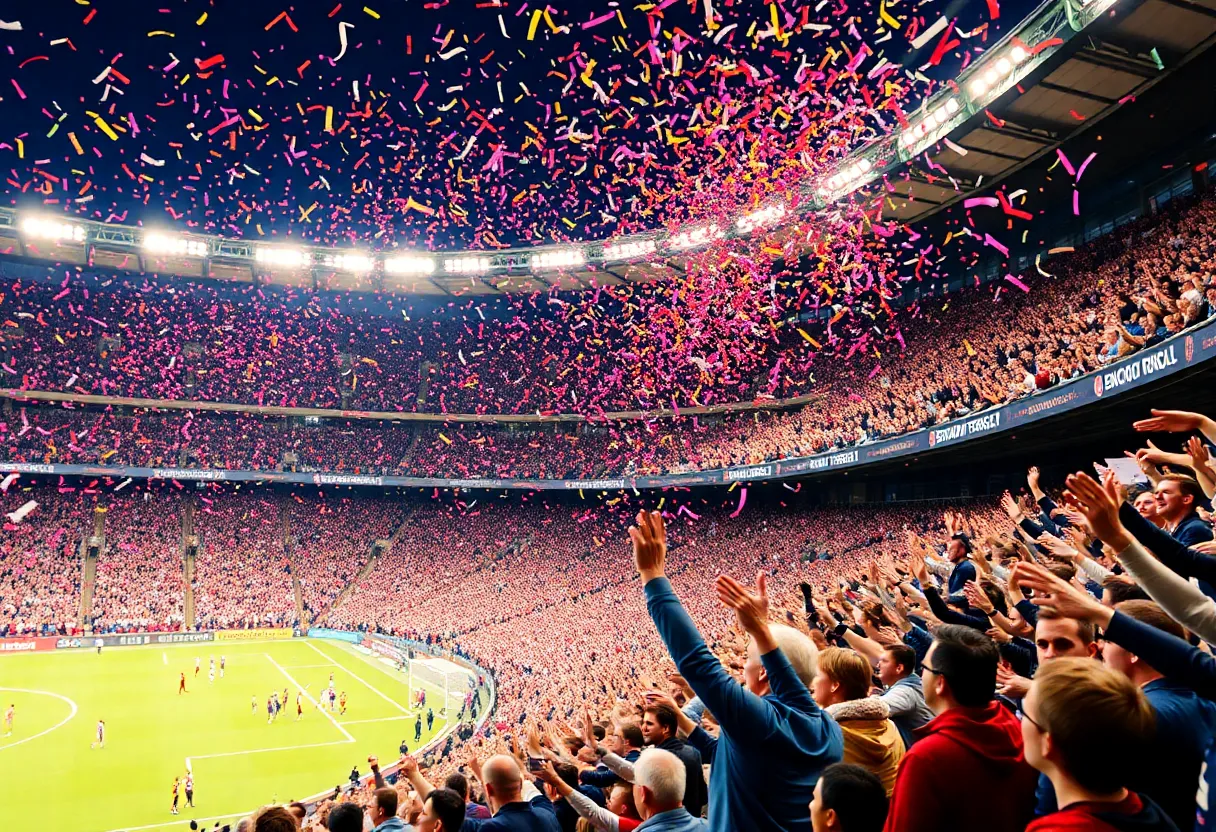Crowd celebrating at Atlanta United match, with confetti and excitement.