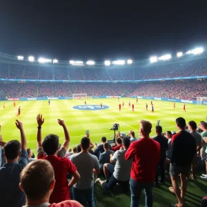 Soccer players in action during a derby match with enthusiastic fans in the background.