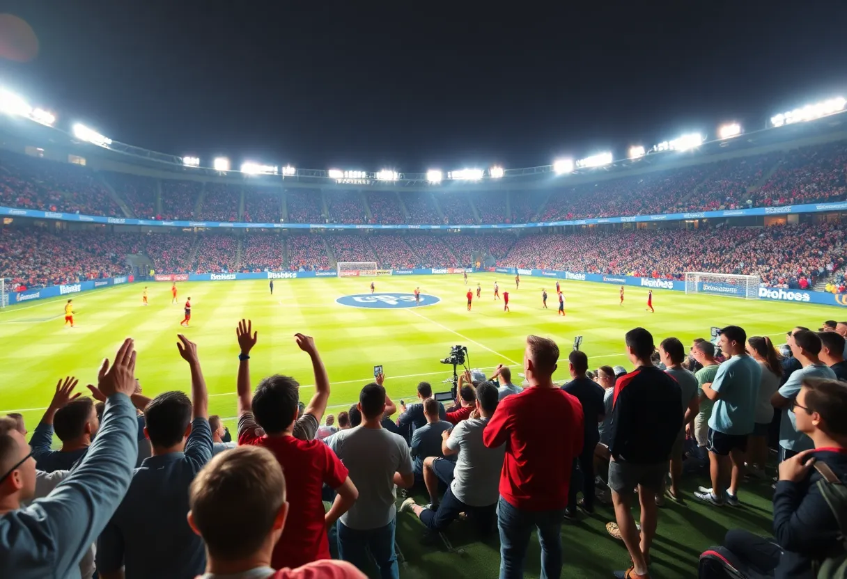Soccer players in action during a derby match with enthusiastic fans in the background.