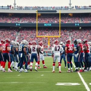 Atlanta Falcons players huddle on the football field during a game.