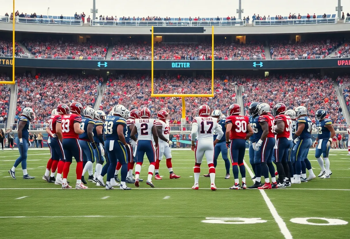 Atlanta Falcons players huddle on the football field during a game.
