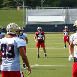 Atlanta Falcons players gathering on the field during practice