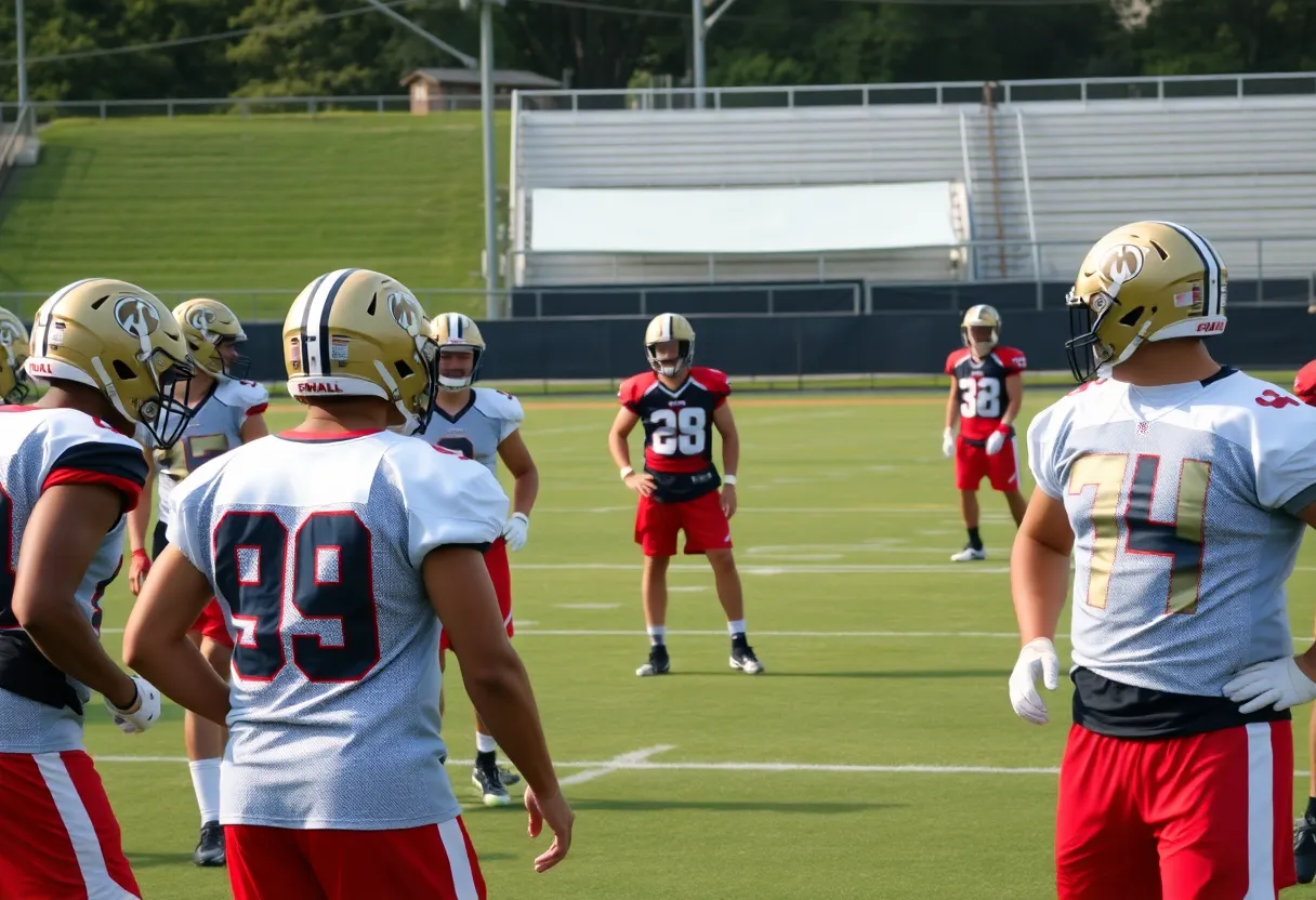 Atlanta Falcons players gathering on the field during practice