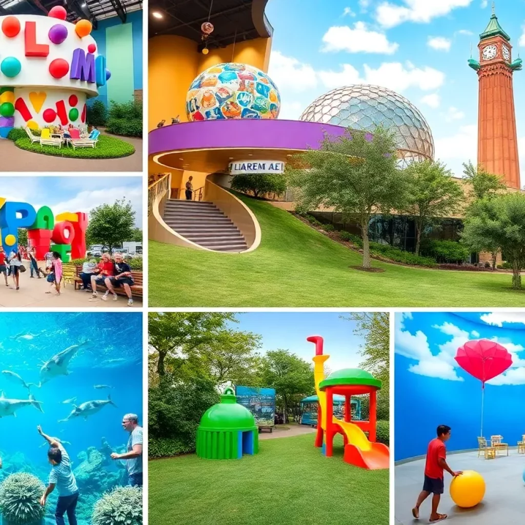 Collage of kid-friendly attractions in Atlanta including museum exhibits and outdoor spaces.