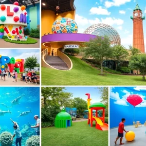 Collage of kid-friendly attractions in Atlanta including museum exhibits and outdoor spaces.