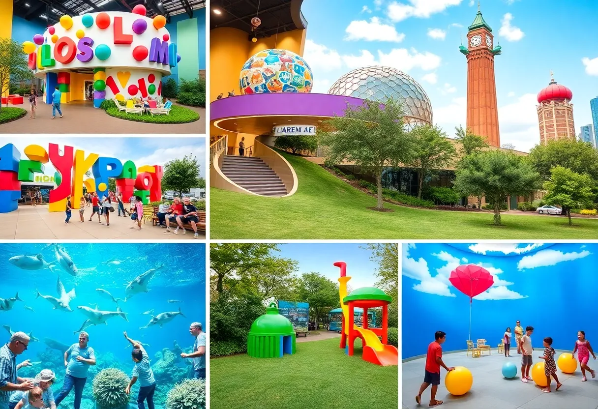 Collage of kid-friendly attractions in Atlanta including museum exhibits and outdoor spaces.