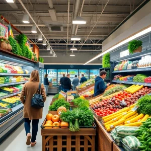 Interior of Azalea Fresh Market with fresh produce and shoppers