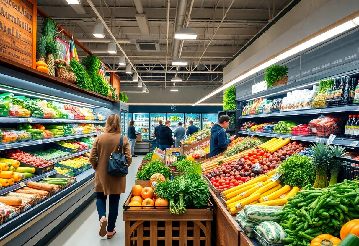 Interior of Azalea Fresh Market with fresh produce and shoppers