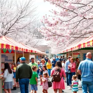 People enjoying a family-friendly festival in Brookhaven with cherry blossoms.