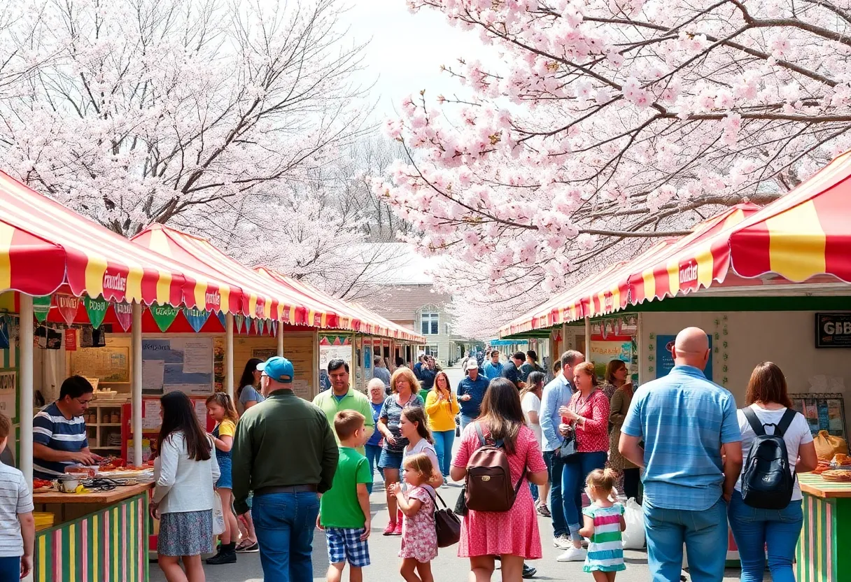 People enjoying a family-friendly festival in Brookhaven with cherry blossoms.