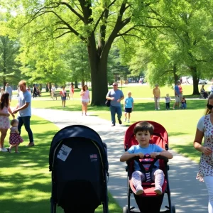 Families enjoying their day in a park in Brookhaven with strollers and children