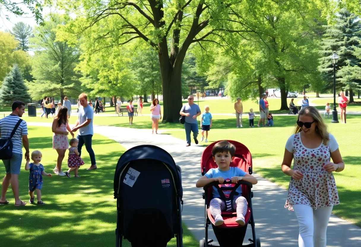Families enjoying their day in a park in Brookhaven with strollers and children