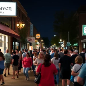 Night scene in Brookhaven with lively crowds and illuminated streets.