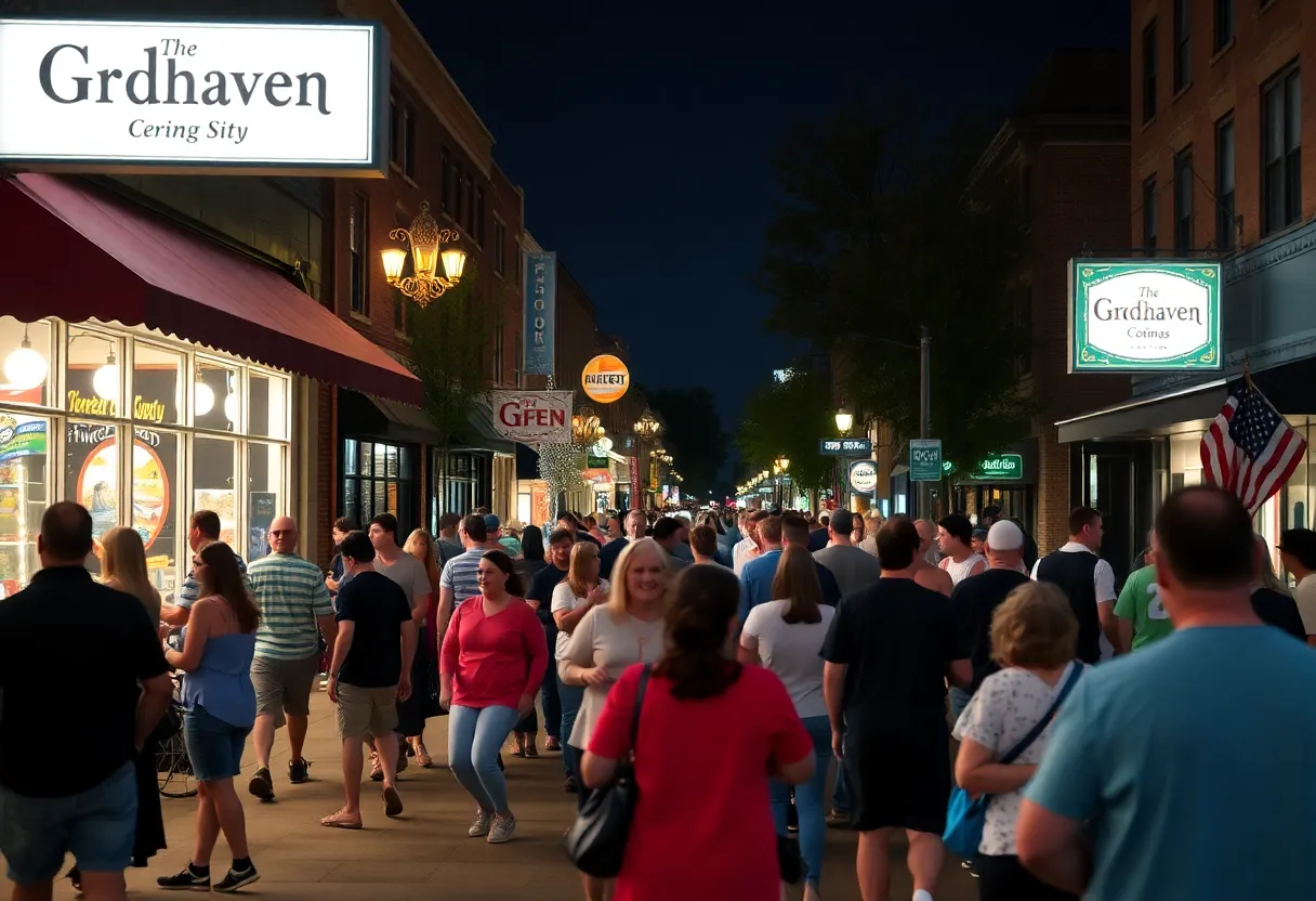 Night scene in Brookhaven with lively crowds and illuminated streets.