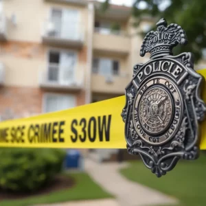 Brookhaven Police badge and crime scene tape in front of an apartment complex