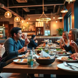Group enjoying brunch at Toast on Lenox with vibrant dishes in a lively environment.