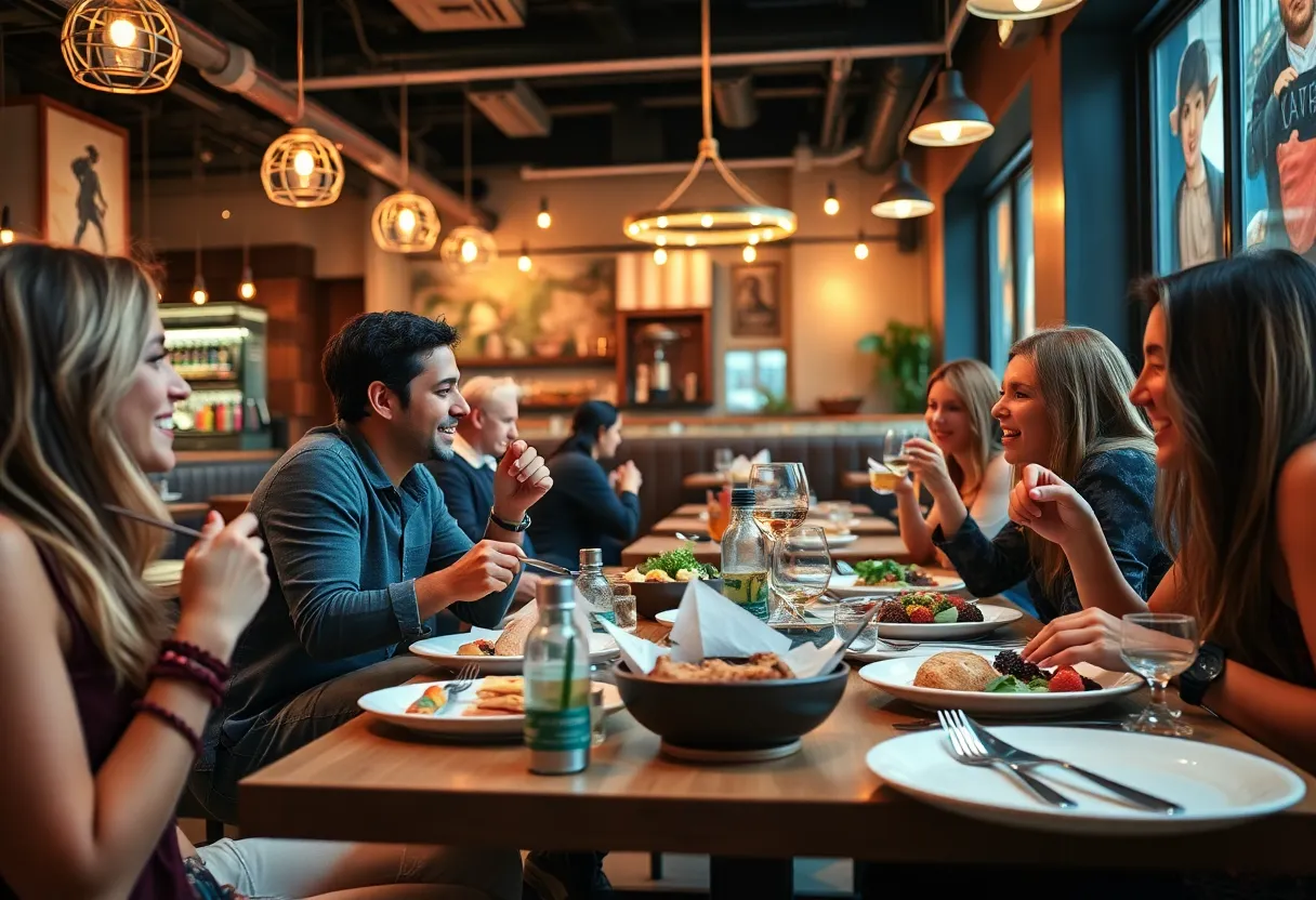 Group enjoying brunch at Toast on Lenox with vibrant dishes in a lively environment.