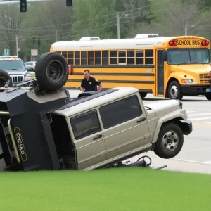 An overturned Jeep and damaged school bus at an intersection.