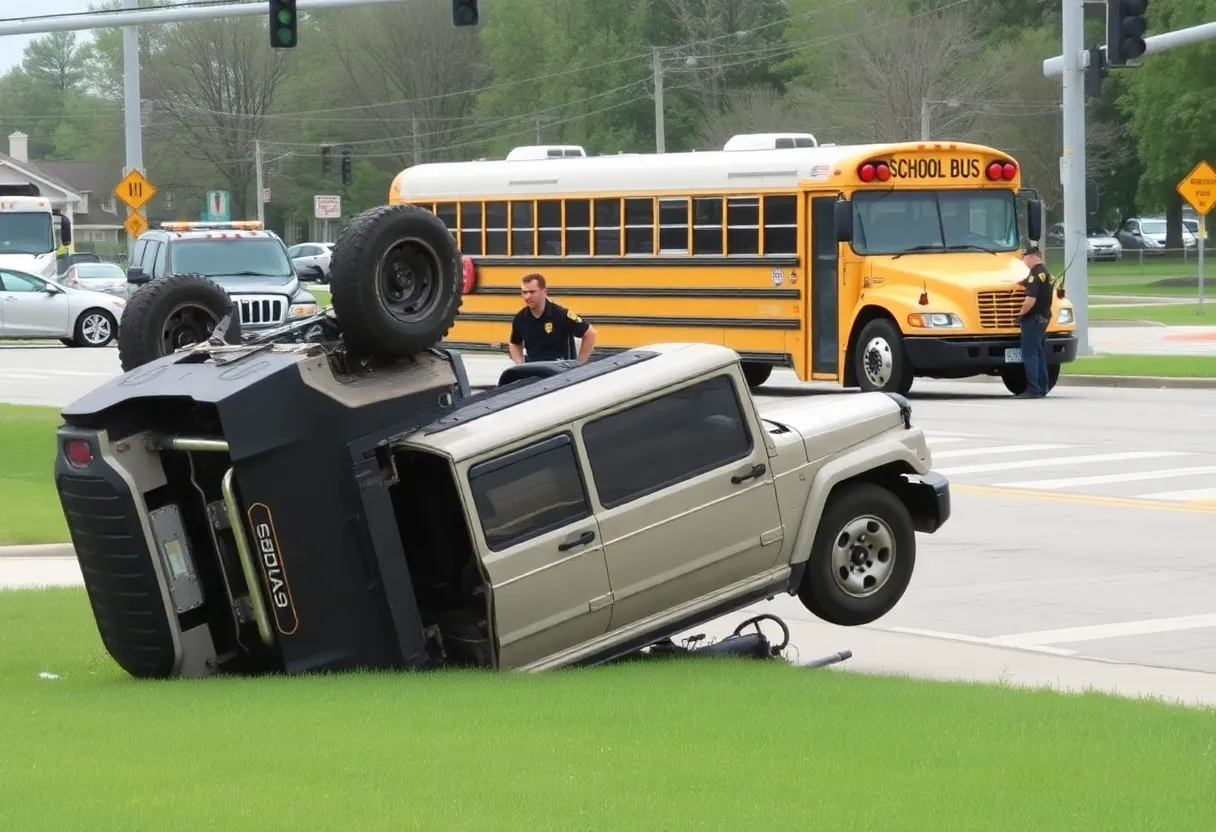 An overturned Jeep and damaged school bus at an intersection.