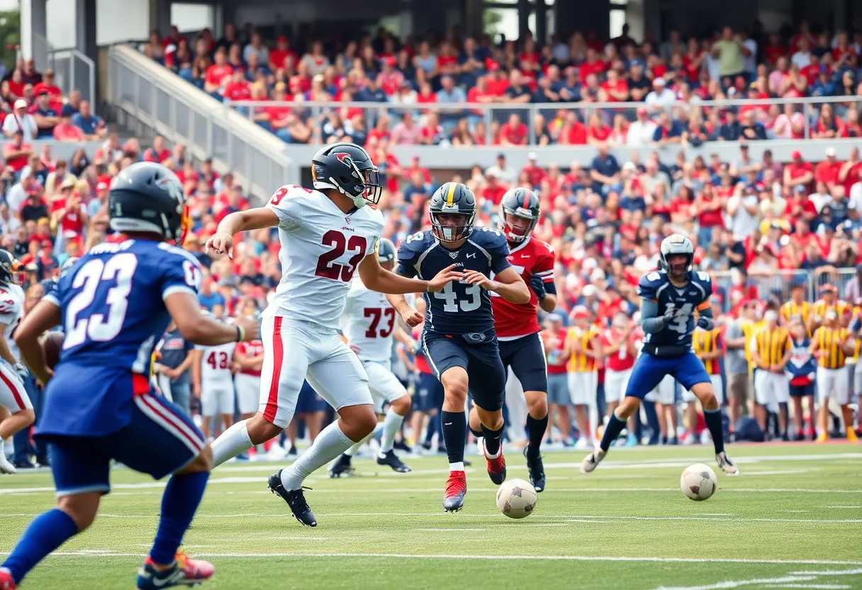 Football game between Collins Hill Eagles and Woodward Academy War Eagles.