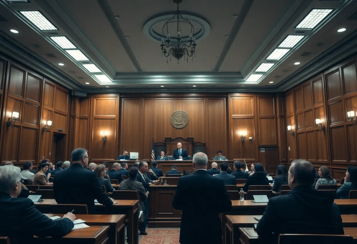 Courtroom scene during a murder trial