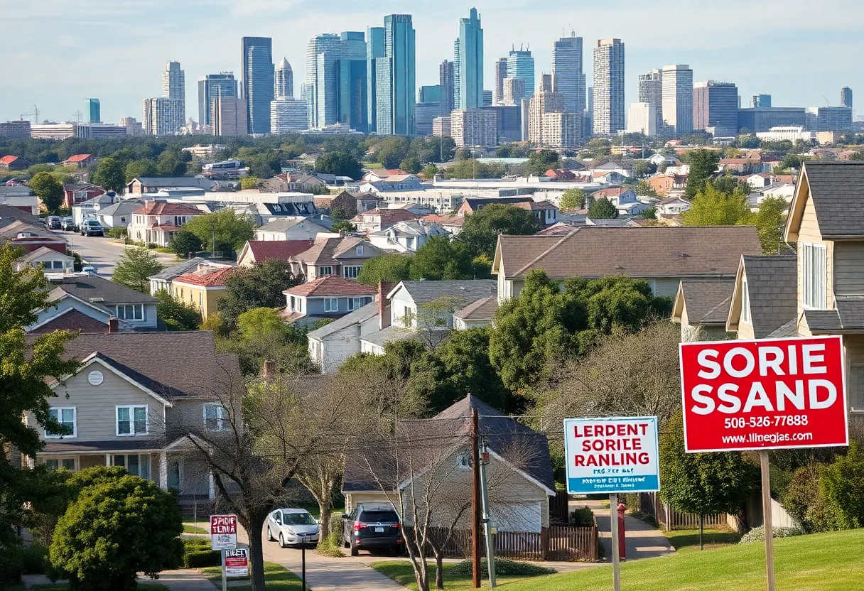 Dallas cityscape with short-term rental signs
