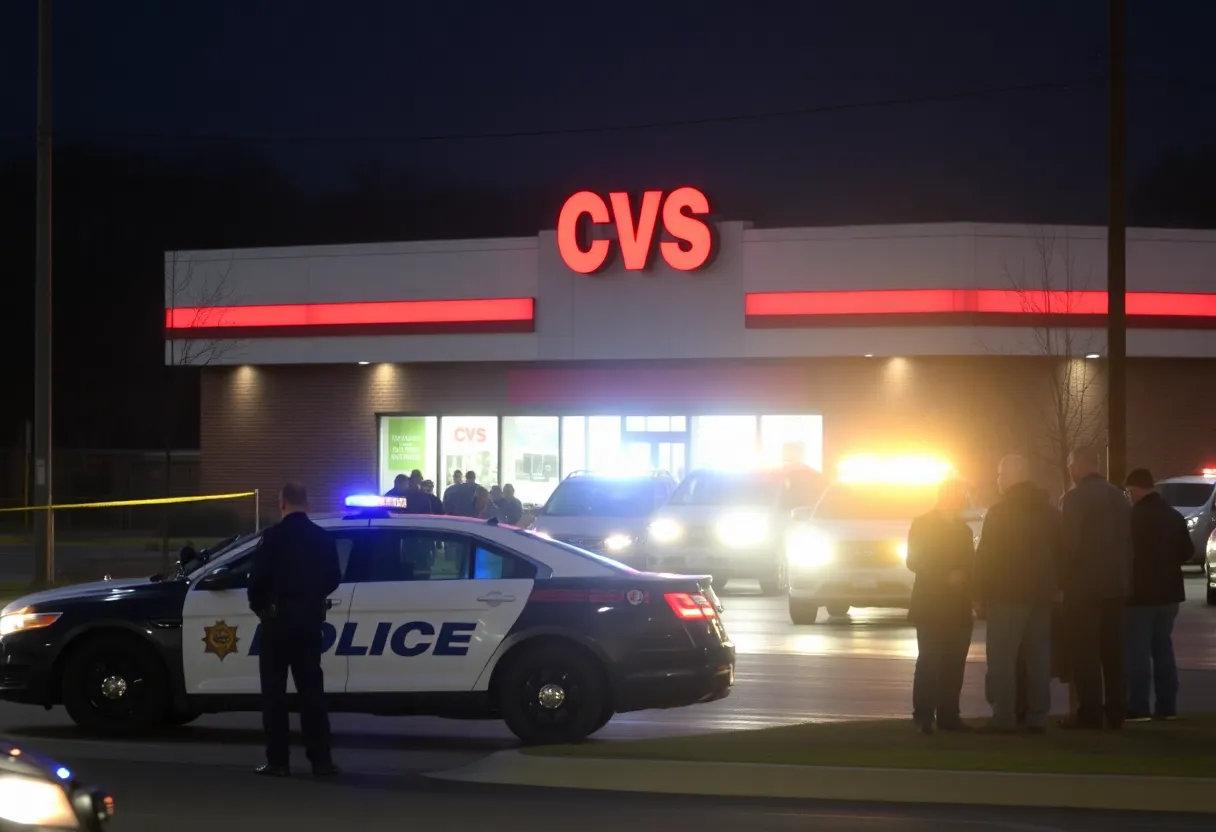 Police vehicles and emergency personnel at CVS after shooting incident