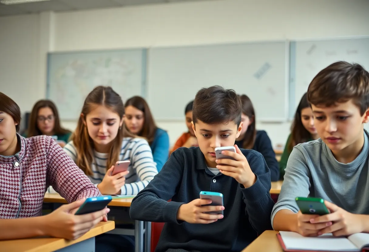 Classroom with students learning without using cell phones.