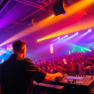 An energetic DJ performing live at a concert