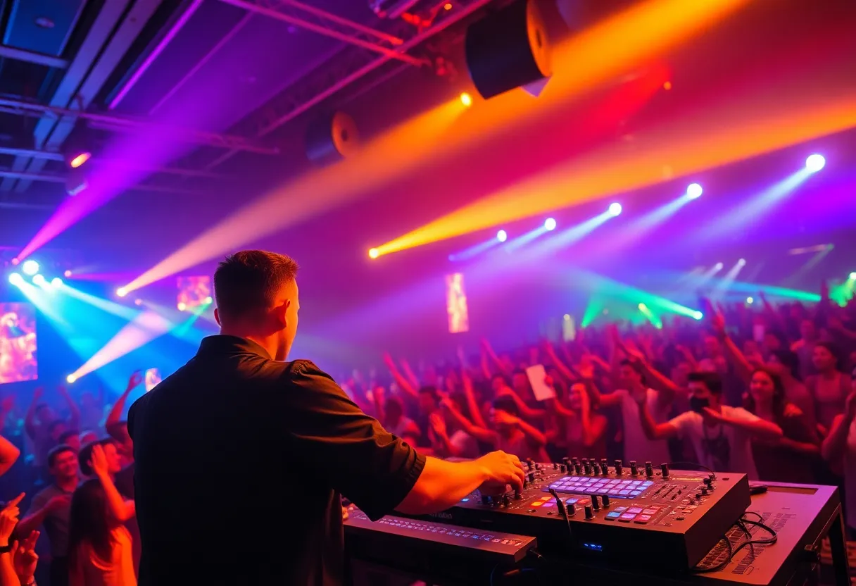 An energetic DJ performing live at a concert