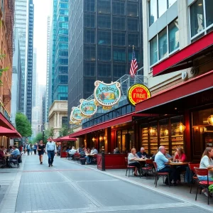 Outdoor dining scene in downtown Atlanta with various restaurants visible.