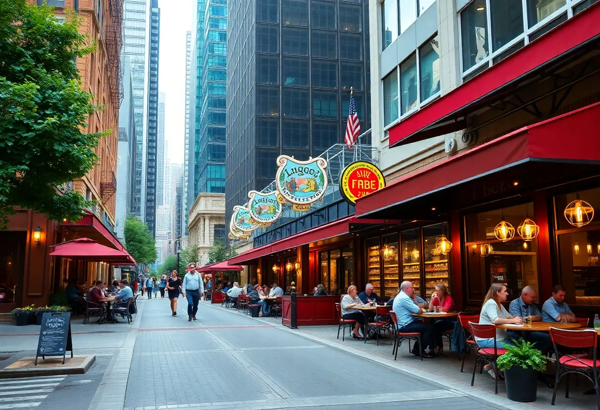 Outdoor dining scene in downtown Atlanta with various restaurants visible.