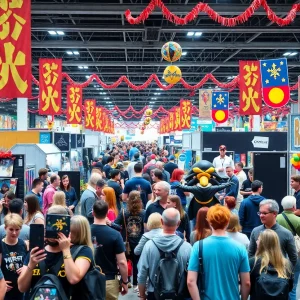 Crowd at Dragon Con featuring cosplayers and booths
