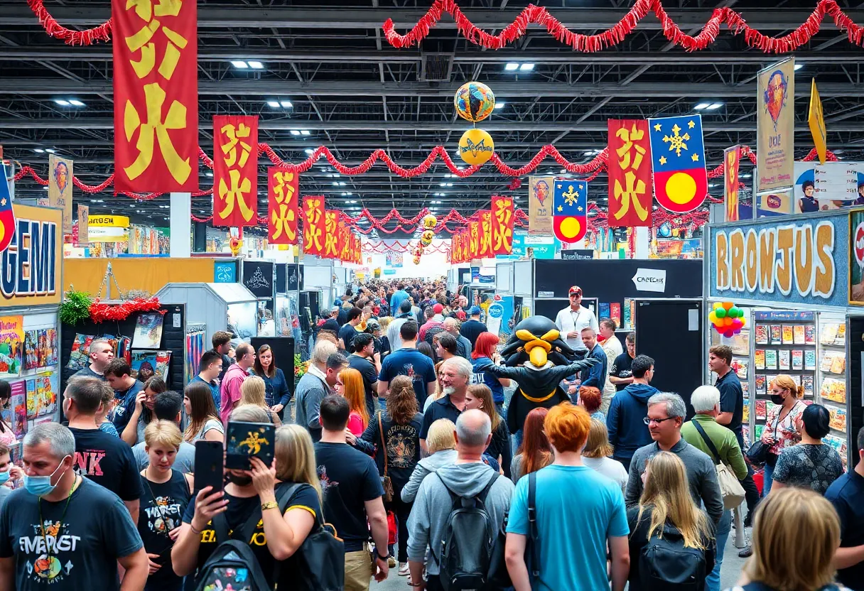 Crowd at Dragon Con featuring cosplayers and booths