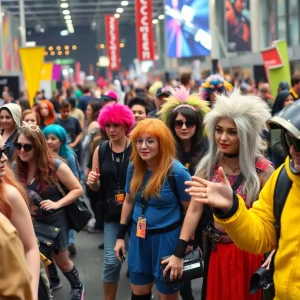 Crowd enjoying a colorful parade at Dragon Con with costumed characters