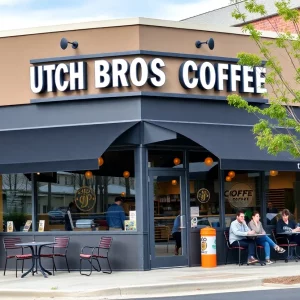 Exterior view of the Dutch Bros Coffee location in Tucker, Georgia with outdoor seating.