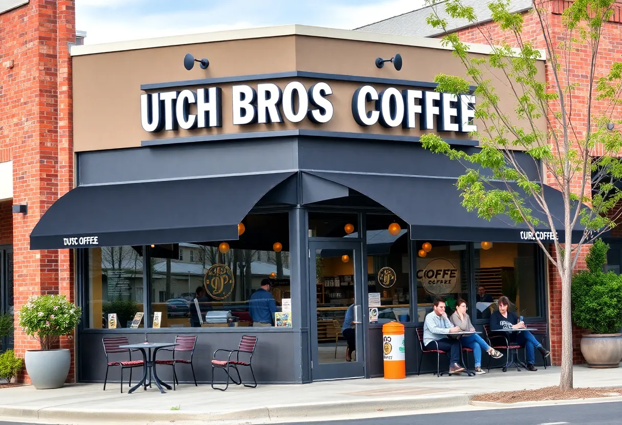 Exterior view of the Dutch Bros Coffee location in Tucker, Georgia with outdoor seating.