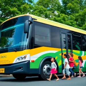 An electric school bus parked outside a school in Atlanta, children boarding.