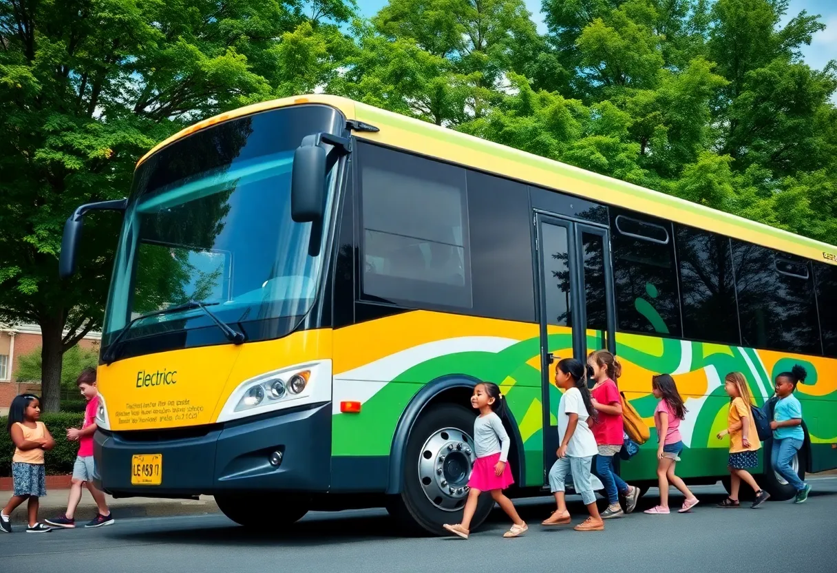 An electric school bus parked outside a school in Atlanta, children boarding.