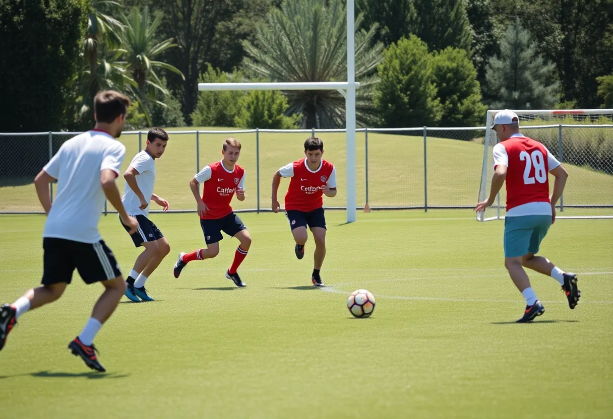 Atlanta Falcons players practicing on the field