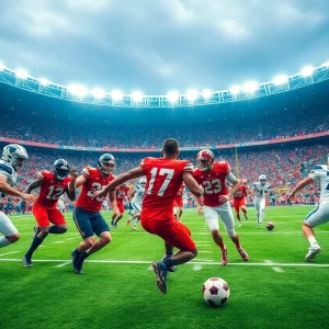 Football players from the Falcons and Cowboys in a lively game