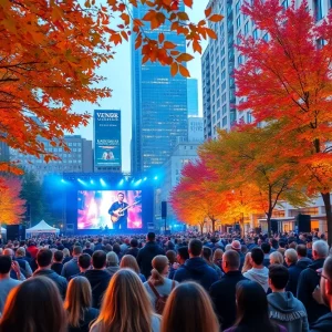 Fall concert season in Atlanta with diverse crowds and autumn scenery.