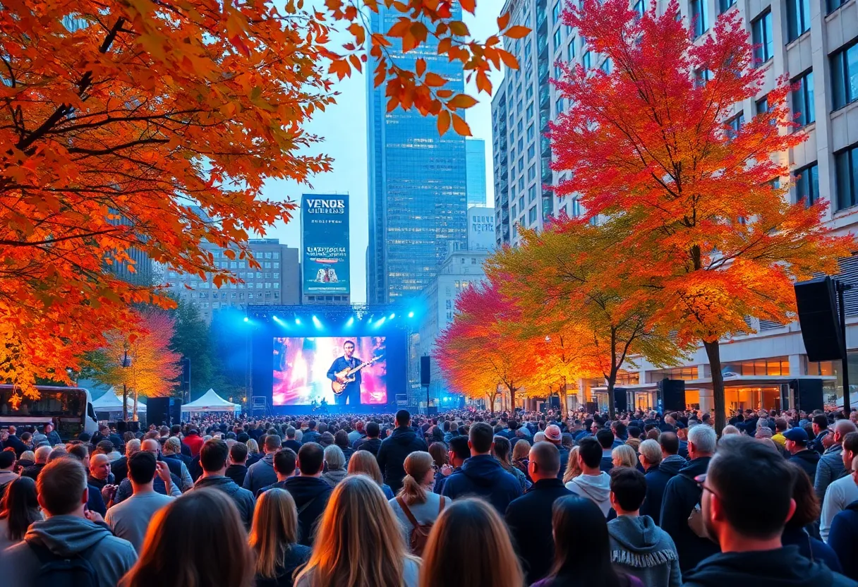 Fall concert season in Atlanta with diverse crowds and autumn scenery.