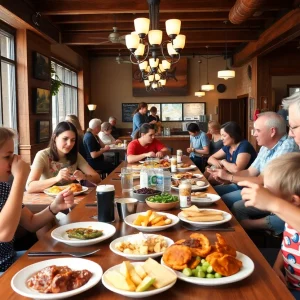 Families dining at Toast on Lenox restaurant in Atlanta, enjoying brunch together.