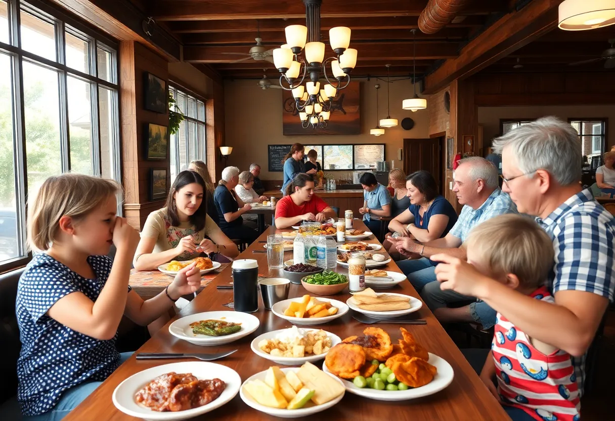 Families dining at Toast on Lenox restaurant in Atlanta, enjoying brunch together.